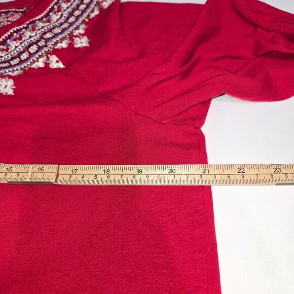 J Jill Women Medium Embroidered Henley Top Red Cotton Modal Casual Boho Festival - Picture 8 of 10